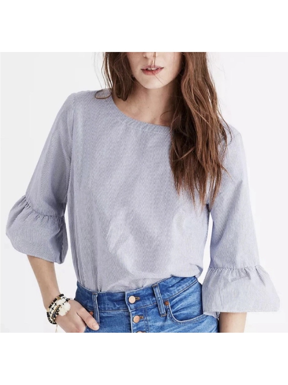 EUC Madewell Striped Bell-Sleeve Poplin- Top Blue & White XXS